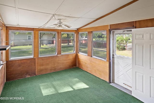 2238 Emerald Park Dr, Forked River, NJ 08731 - unfurnished sunroom featuring carpet flooring, vaulted ceiling, ceiling fan, and wooden walls