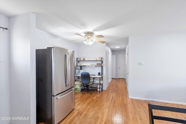 51 Berkshire Ct, Toms River, NJ 08753 - kitchen with freestanding refrigerator, an office area, a ceiling fan, and light wood-style floors