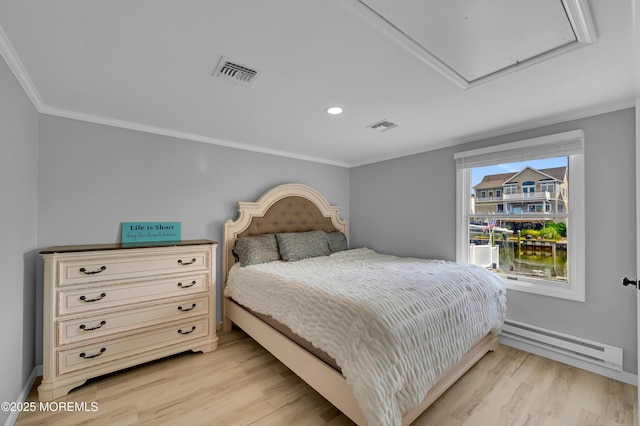 8 Navarra Dr, Brick, NJ 08723 - bedroom with a baseboard radiator, attic access, light wood-style flooring, ornamental molding, and recessed lighting