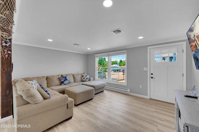 8 Navarra Dr, Brick, NJ 08723 - living room featuring crown molding, recessed lighting, light wood finished floors, and a baseboard heating unit