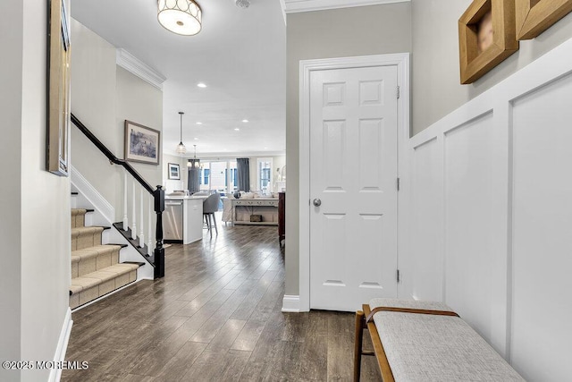 30 Malcolm Way, Lincroft, NJ 07738 - entrance foyer with dark wood-style flooring, stairs, recessed lighting, and crown molding