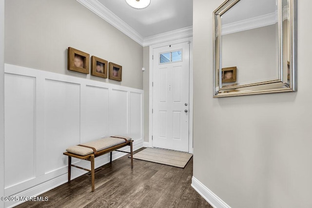 30 Malcolm Way, Lincroft, NJ 07738 - doorway to outside with a decorative wall, ornamental molding, dark wood-type flooring, and wainscoting