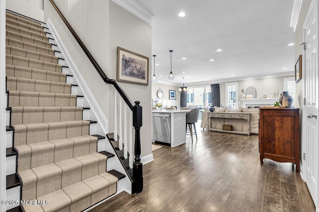 30 Malcolm Way, Lincroft, NJ 07738 - staircase featuring hardwood / wood-style flooring, recessed lighting, and crown molding