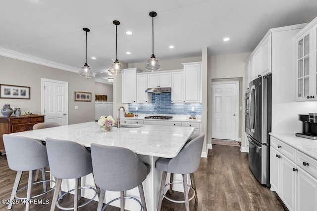 30 Malcolm Way, Lincroft, NJ 07738 - kitchen featuring freestanding refrigerator, ornamental molding, white cabinetry, light stone countertops, and recessed lighting