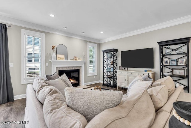 30 Malcolm Way, Lincroft, NJ 07738 - living room featuring a high end fireplace, dark wood-style flooring, ornamental molding, and recessed lighting