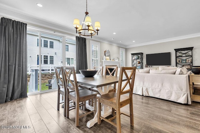 30 Malcolm Way, Lincroft, NJ 07738 - dining space with a chandelier, ornamental molding, wood finished floors, and recessed lighting