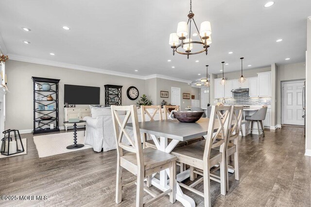 30 Malcolm Way, Lincroft, NJ 07738 - dining space with recessed lighting, wood finished floors, a chandelier, and ornamental molding