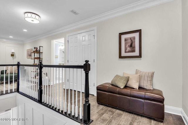 30 Malcolm Way, Lincroft, NJ 07738 - hall with ornamental molding, wood finished floors, recessed lighting, and an upstairs landing