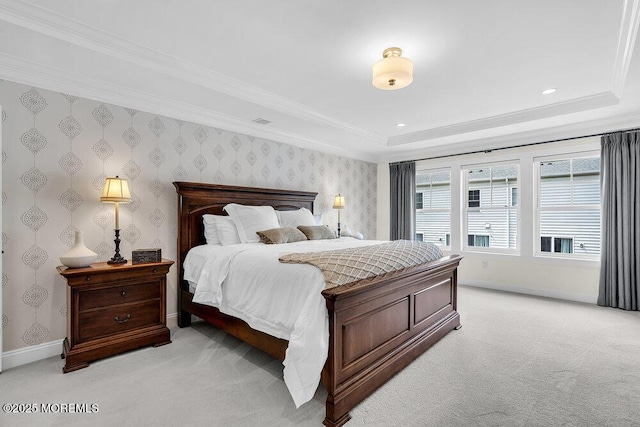 30 Malcolm Way, Lincroft, NJ 07738 - bedroom featuring light colored carpet, ornamental molding, wallpapered walls, a tray ceiling, and recessed lighting