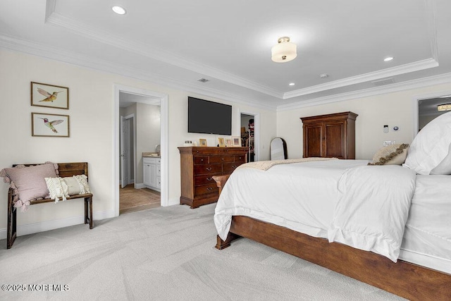 30 Malcolm Way, Lincroft, NJ 07738 - bedroom featuring a tray ceiling, crown molding, light colored carpet, ensuite bathroom, and recessed lighting