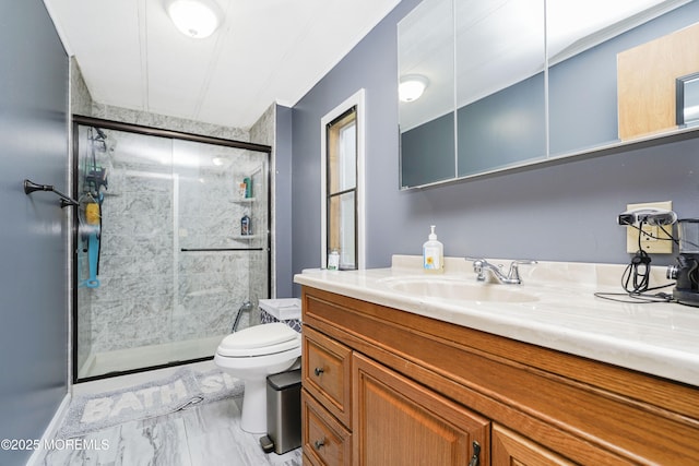 14 Cedar Ct, Manalapan, NJ 07726 - bathroom featuring vanity, a stall shower, and marble look tile flooring