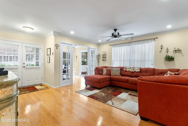 799B Westminster Ct Unit B, Manchester, NJ 08759 - living area with light wood-style flooring, recessed lighting, french doors, ornamental molding, and a ceiling fan