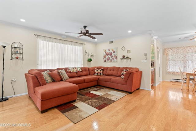 799B Westminster Ct Unit B, Manchester, NJ 08759 - living room with ceiling fan, crown molding, light wood-type flooring, recessed lighting, and a baseboard heating unit