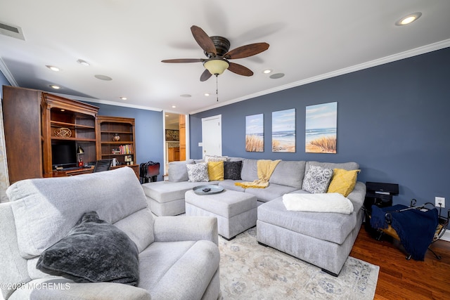 9 Partridge Ave, Freehold, NJ 07728 - living room featuring ornamental molding, recessed lighting, wood finished floors, and a ceiling fan