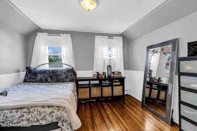 194 Washington St, Keyport, NJ 07735 - bedroom featuring wainscoting, vaulted ceiling, hardwood / wood-style flooring, ornamental molding, and a baseboard heating unit