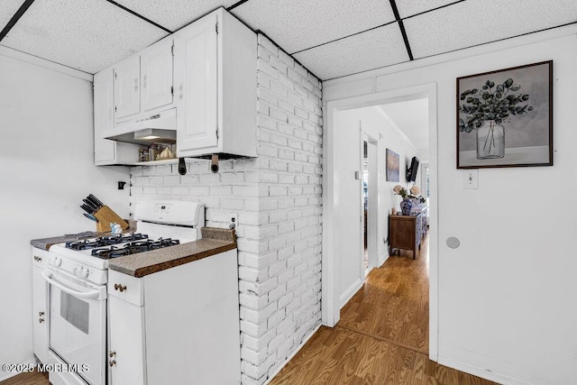 194 Washington St, Keyport, NJ 07735 - kitchen featuring white gas range, under cabinet range hood, a drop ceiling, wood finished floors, and dark countertops