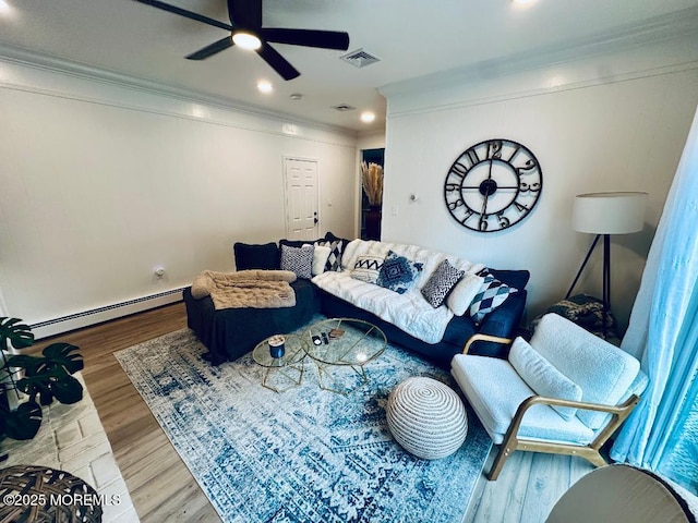 412 Steuben Ave, Forked River, NJ 08731 - living area featuring a baseboard radiator, ornamental molding, a ceiling fan, wood finished floors, and recessed lighting