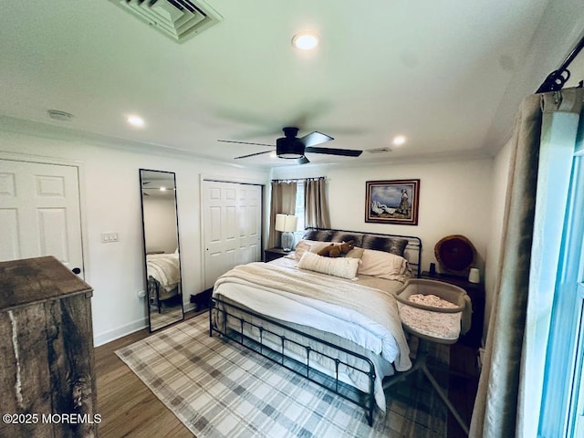 412 Steuben Ave, Forked River, NJ 08731 - bedroom with recessed lighting, wood finished floors, ornamental molding, ceiling fan, and a closet