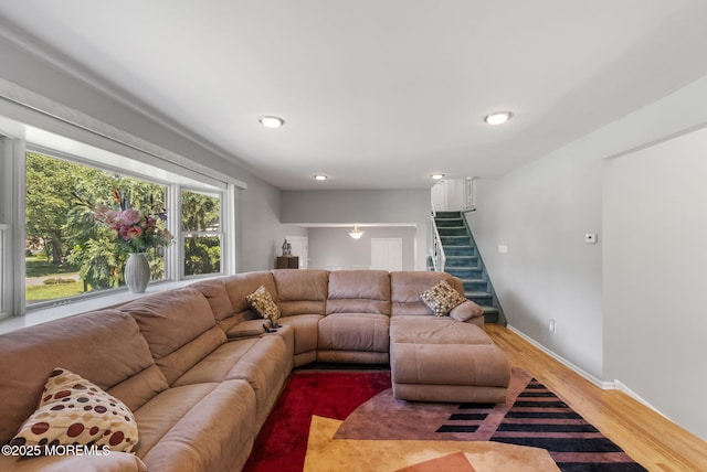 1 Spruce Way, Manalapan, NJ 07726 - living area with wood finished floors, stairway, and recessed lighting