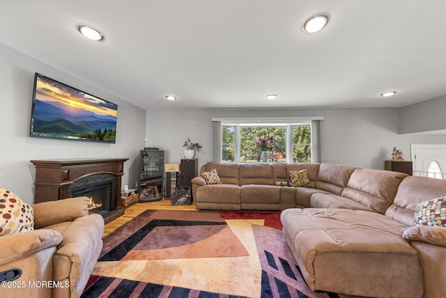 1 Spruce Way, Manalapan, NJ 07726 - living room featuring recessed lighting, a lit fireplace, and wood finished floors