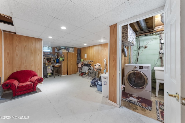 1 Spruce Way, Manalapan, NJ 07726 - finished basement with washer / dryer, recessed lighting, a paneled ceiling, and wood walls