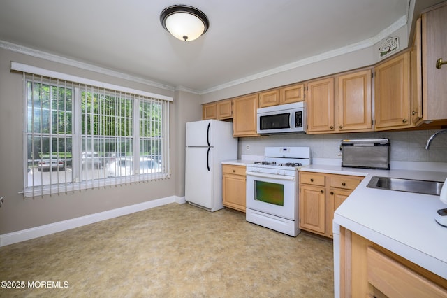 45 Liverpool Ct Unit 10, Freehold, NJ 07728 - kitchen featuring white appliances, light countertops, crown molding, backsplash, and light flooring