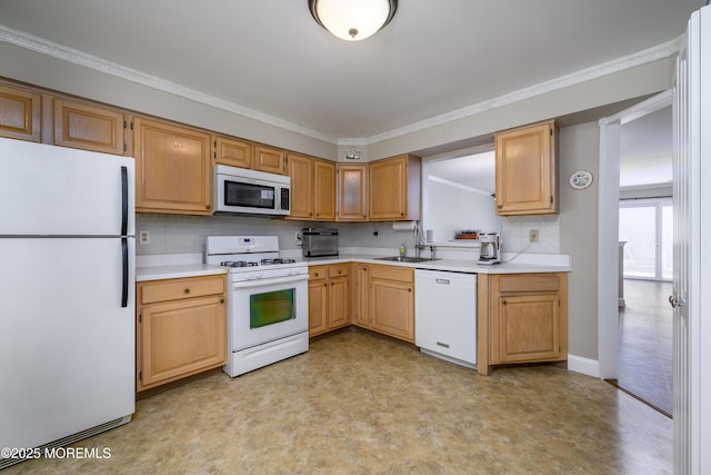 45 Liverpool Ct Unit 10, Freehold, NJ 07728 - kitchen featuring white appliances, light countertops, light floors, and ornamental molding