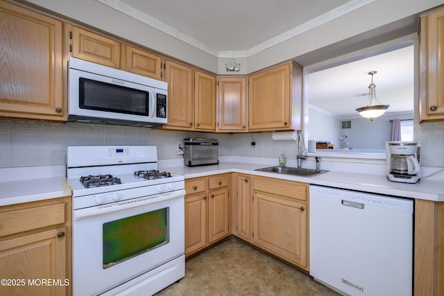 45 Liverpool Ct Unit 10, Freehold, NJ 07728 - kitchen with white appliances, crown molding, decorative backsplash, light countertops, and light brown cabinetry
