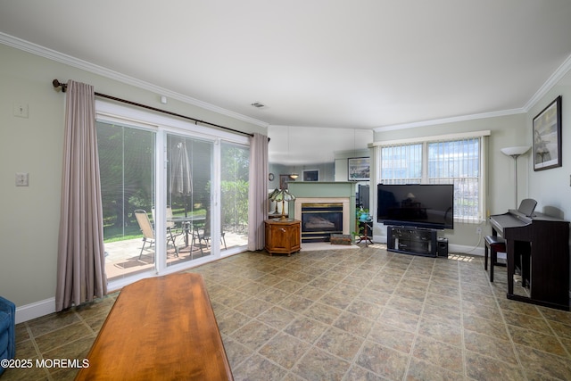 45 Liverpool Ct Unit 10, Freehold, NJ 07728 - living area featuring crown molding, a glass covered fireplace, and stone finish flooring