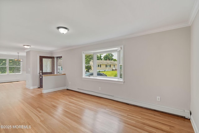 6 Frances Ct, Red Bank, NJ 07701 - unfurnished room featuring a baseboard heating unit, light wood-style floors, crown molding, and a baseboard radiator