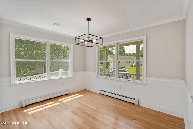 6 Frances Ct, Red Bank, NJ 07701 - unfurnished dining area with a baseboard heating unit, a chandelier, plenty of natural light, and ornamental molding