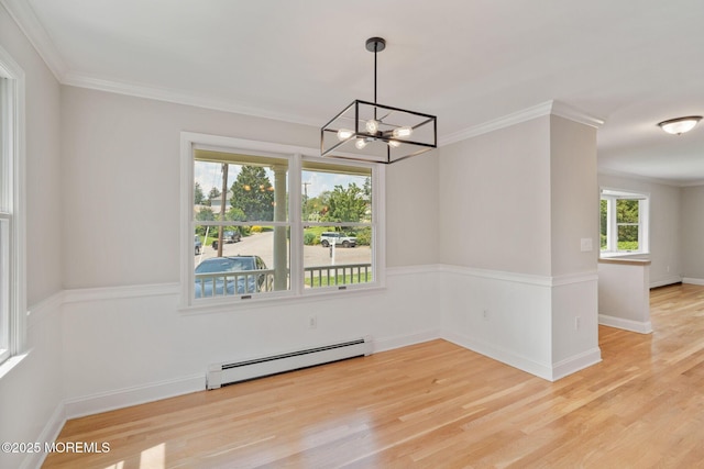 6 Frances Ct, Red Bank, NJ 07701 - unfurnished dining area with a baseboard heating unit, a chandelier, light wood-style flooring, and ornamental molding
