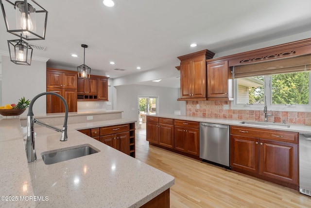 6 Frances Ct, Red Bank, NJ 07701 - kitchen with stainless steel dishwasher, recessed lighting, decorative backsplash, light stone countertops, and decorative light fixtures