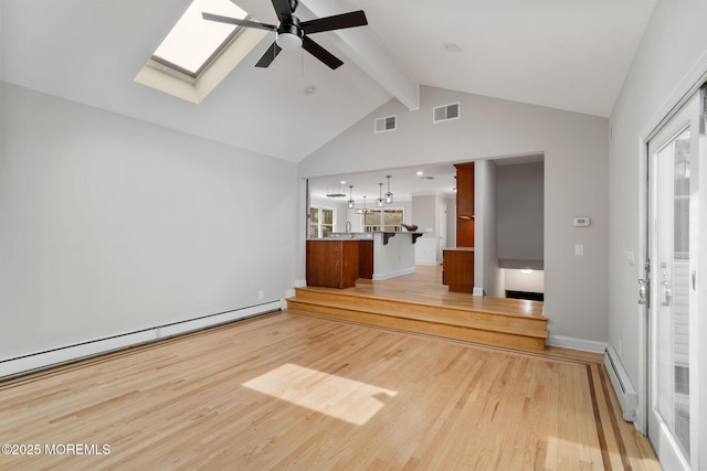 6 Frances Ct, Red Bank, NJ 07701 - unfurnished living room with a baseboard heating unit, ceiling fan, light wood-style floors, beam ceiling, and a skylight