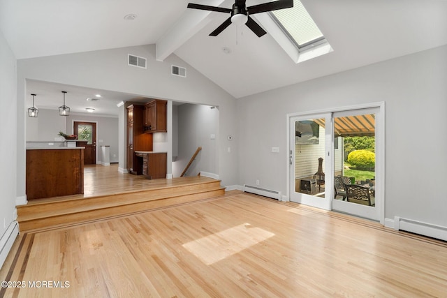 6 Frances Ct, Red Bank, NJ 07701 - unfurnished living room featuring a baseboard radiator, a ceiling fan, beam ceiling, light wood-style flooring, and a skylight