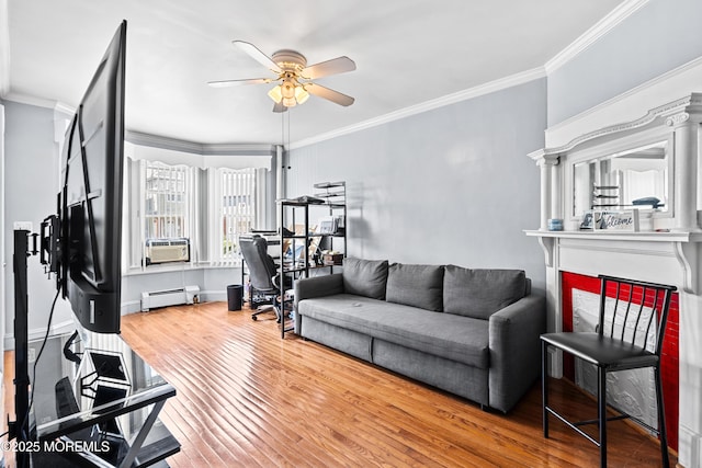612 Grier Ave, Elizabeth, NJ 07202 - living room with a ceiling fan, a baseboard radiator, crown molding, wood finished floors, and an office area