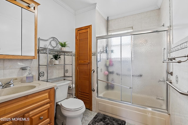 612 Grier Ave, Elizabeth, NJ 07202 - bathroom with crown molding, enclosed tub / shower combo, vanity, decorative backsplash, and tile walls