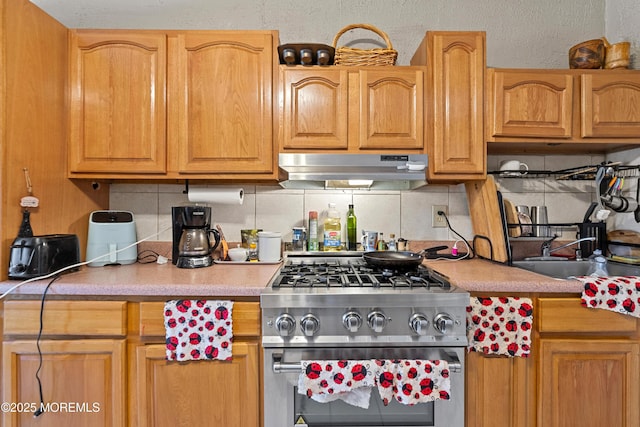 612 Grier Ave, Elizabeth, NJ 07202 - kitchen featuring gas range, under cabinet range hood, decorative backsplash, and light countertops