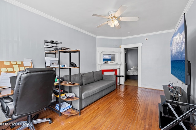 612 Grier Ave, Elizabeth, NJ 07202 - home office with ceiling fan, wood-type flooring, and crown molding