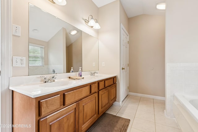 15 Bronia St, Howell, NJ 07731 - full bath featuring double vanity, a bath, vaulted ceiling, and tile patterned flooring