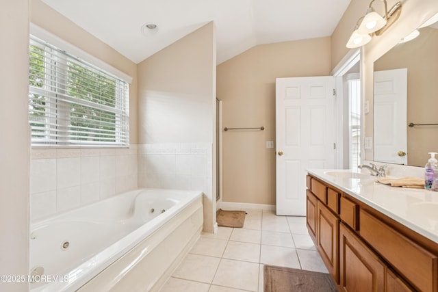 15 Bronia St, Howell, NJ 07731 - bathroom featuring a whirlpool tub, lofted ceiling, double vanity, tile patterned floors, and a shower stall