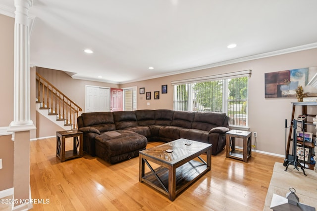 15 Bronia St, Howell, NJ 07731 - living area featuring light wood-type flooring, ornamental molding, ornate columns, recessed lighting, and stairway