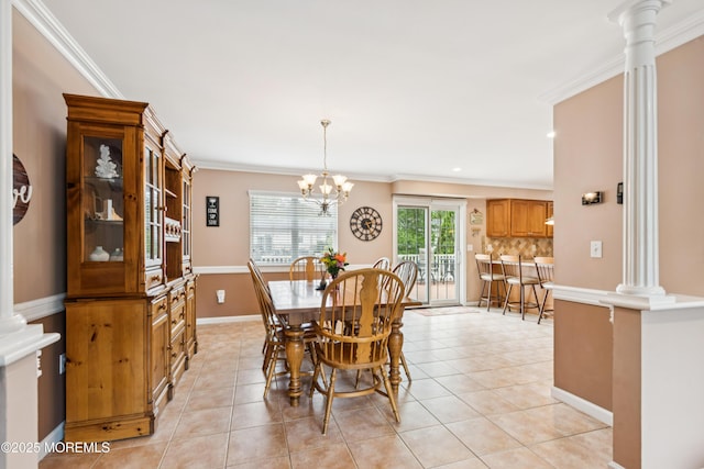 15 Bronia St, Howell, NJ 07731 - dining space featuring ornate columns, light tile patterned flooring, ornamental molding, a chandelier, and recessed lighting
