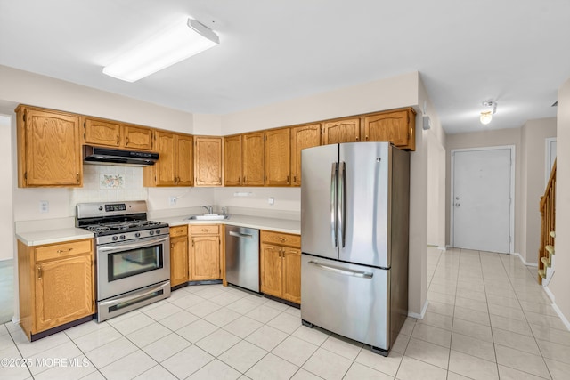 1 Denise Ct, Tinton Falls, NJ 07753 - kitchen featuring stainless steel appliances, under cabinet range hood, light countertops, light tile patterned floors, and decorative backsplash
