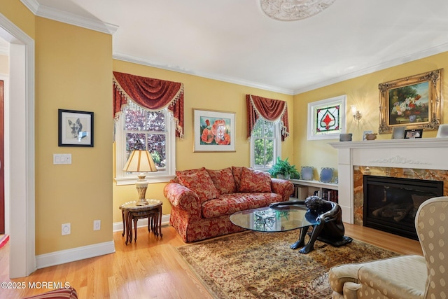 73 Clark Ave, Ocean Grove, NJ 07756 - living room with wood finished floors, a fireplace, and ornamental molding