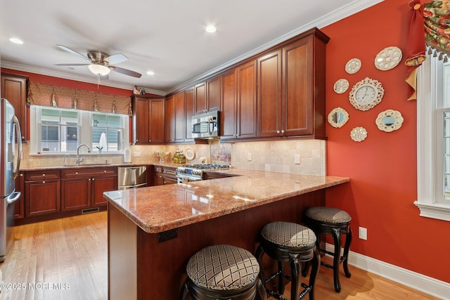 73 Clark Ave, Ocean Grove, NJ 07756 - kitchen featuring stainless steel appliances, a ceiling fan, light wood-type flooring, light stone countertops, and a peninsula