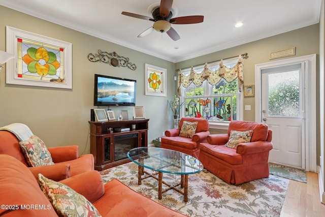 73 Clark Ave, Ocean Grove, NJ 07756 - living room with wood finished floors, ceiling fan, crown molding, and recessed lighting