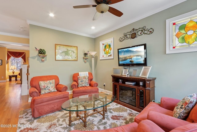73 Clark Ave, Ocean Grove, NJ 07756 - living area with wood finished floors, a ceiling fan, ornamental molding, and recessed lighting