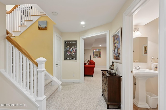 73 Clark Ave, Ocean Grove, NJ 07756 - hall featuring stairway, carpet flooring, and recessed lighting