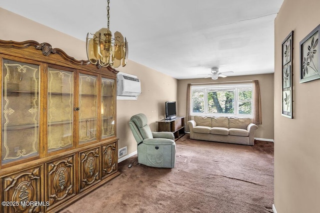 123 Susan Dr, Jackson, NJ 08527 - living room featuring an AC wall unit, carpet flooring, a chandelier, and a ceiling fan